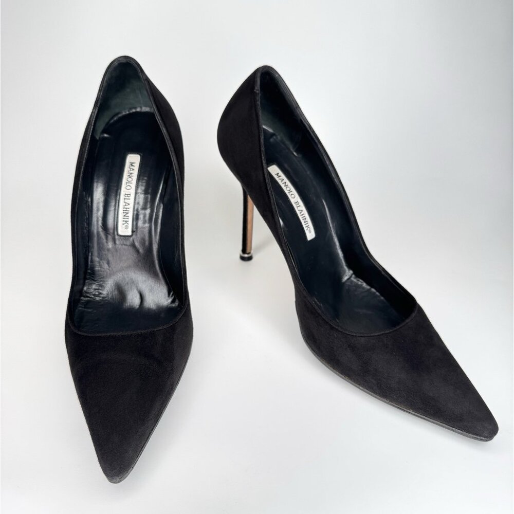 Manolo Blahnik Bipunta Size 39,5 Black Suede Leather Pumps Silver Heel Detail